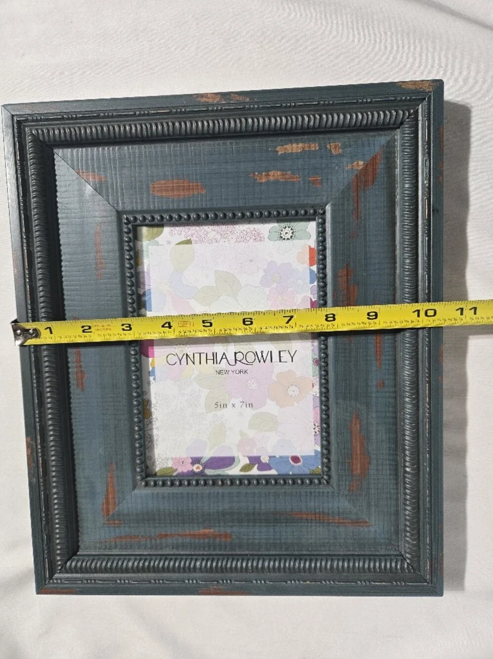 Cynthia Rowley Distressed Teal Blue Carved 5x7 Picture Frame Rustic Wood Look